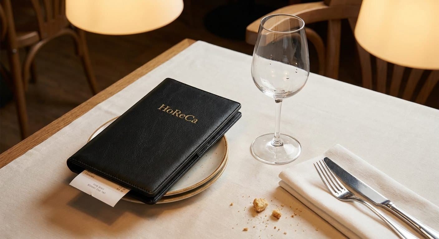 Black leather check presenter with bill on a restaurant table