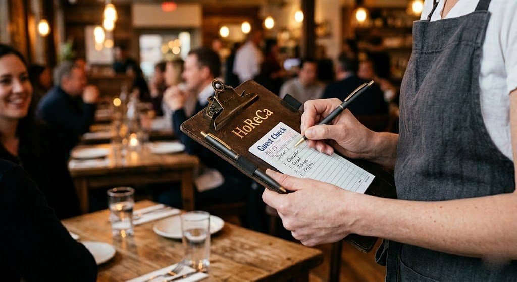 Restaurant server using a dark brown leather clipboard with HoReCa logo to take a guest order