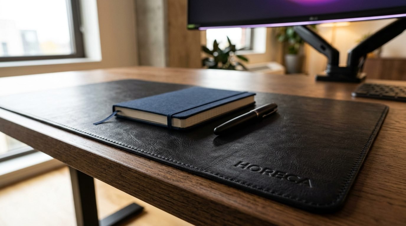 Black leather desk pad with logo in the corner