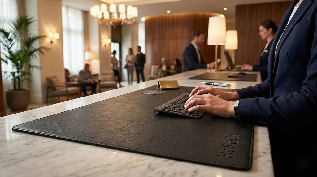 Black leather desk pad at a hotel reception counter with receptionist typing