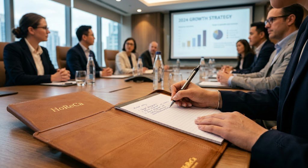 Businesspeople writing notes inside an open tan brown leather conference folio during a boardroom meeting