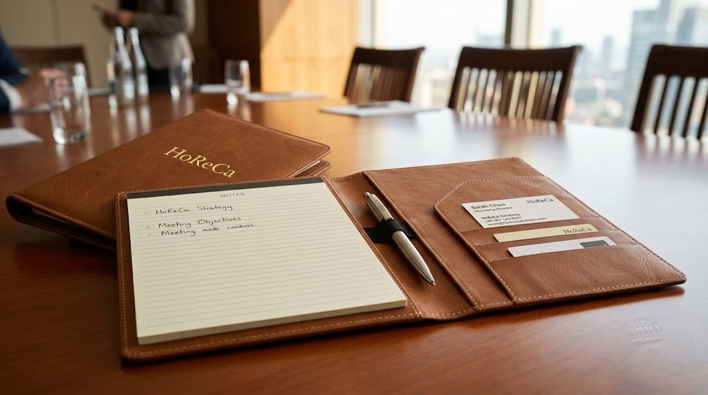 Tan leather conference folio with notepad and card slots