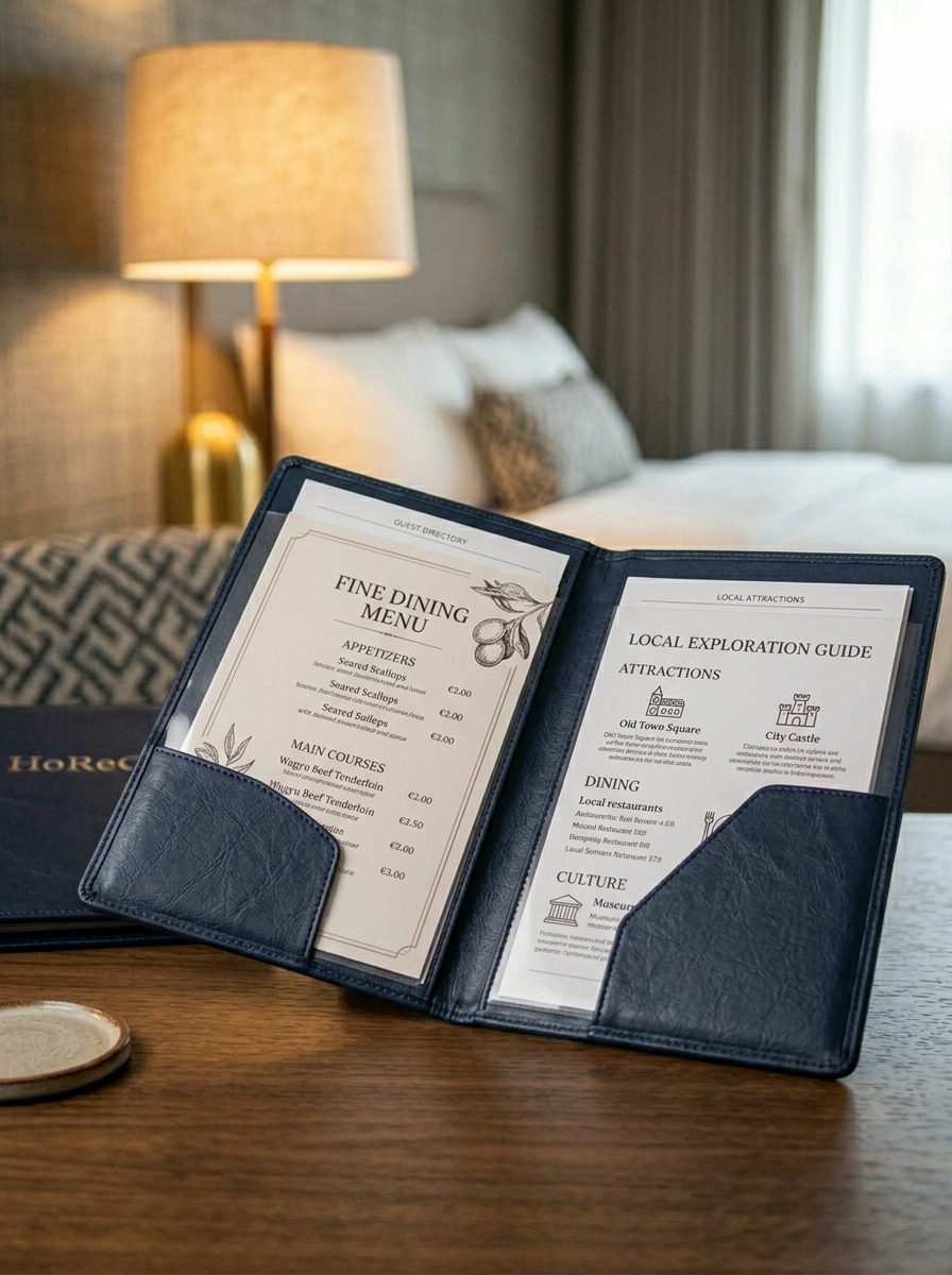 Open navy leather service guide folder showing dining menu and local guide inserts in hotel room pockets