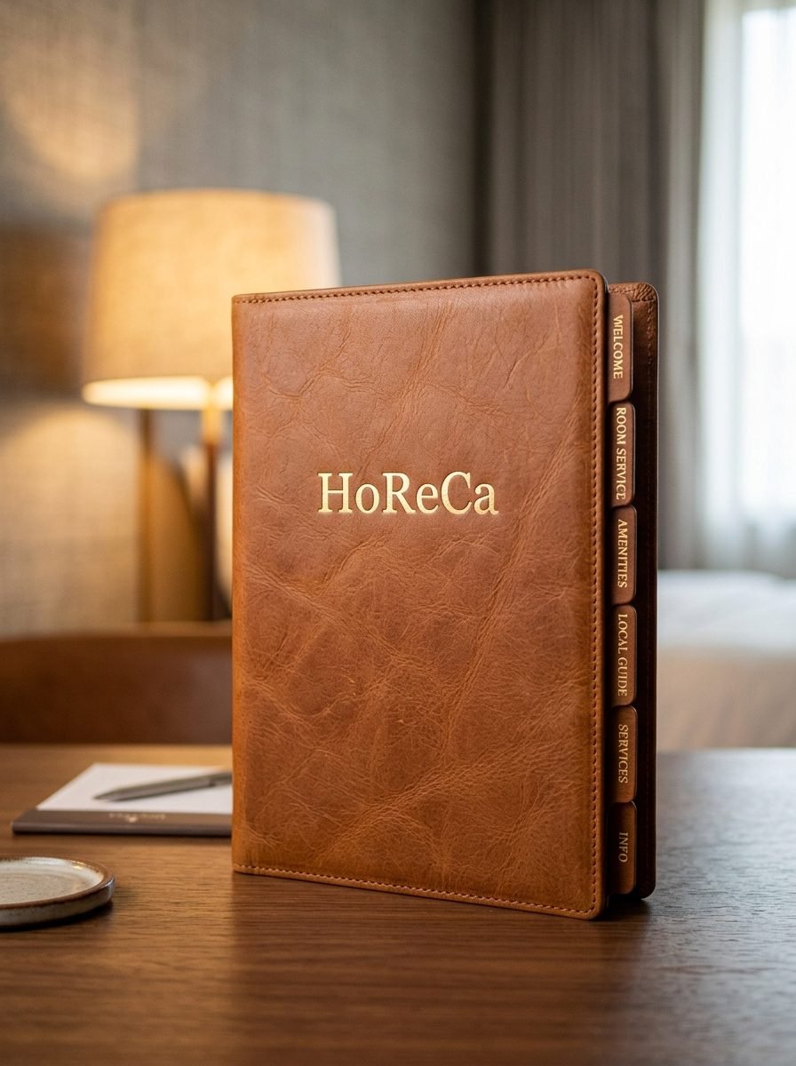Tan brown leather hotel service guide folder