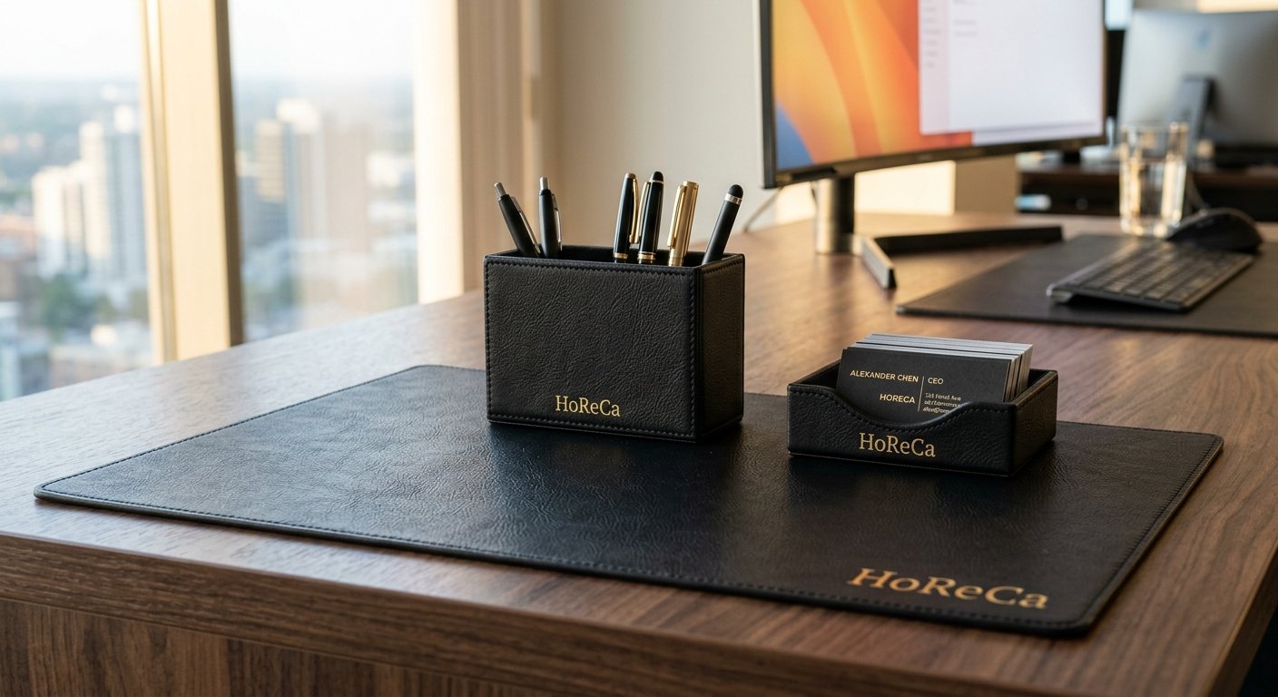 Black leather desk set with desk pad, pen holder and business card tray