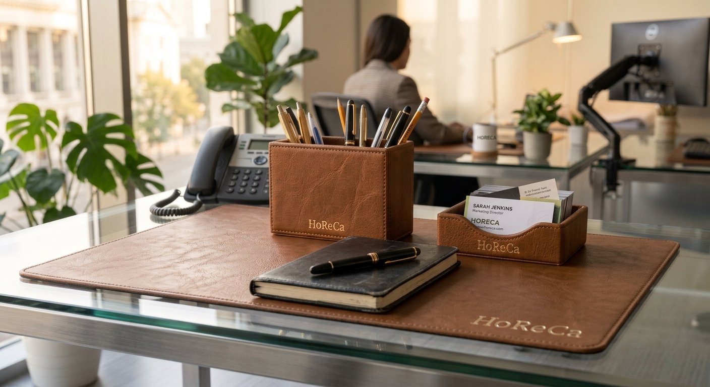 Tan leather desk set sample shown in an office setting for order confirmation