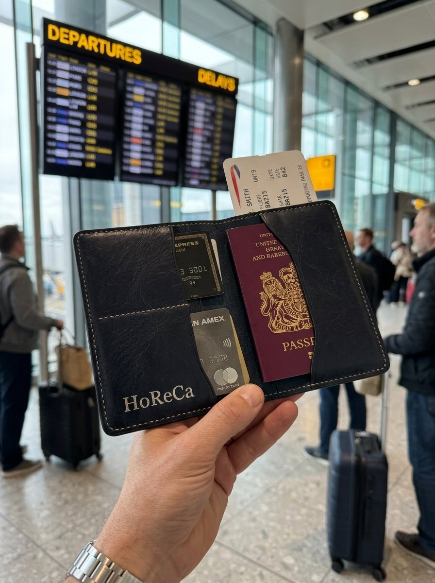 Leather passport holder sample shown at an airport departures area before travel
