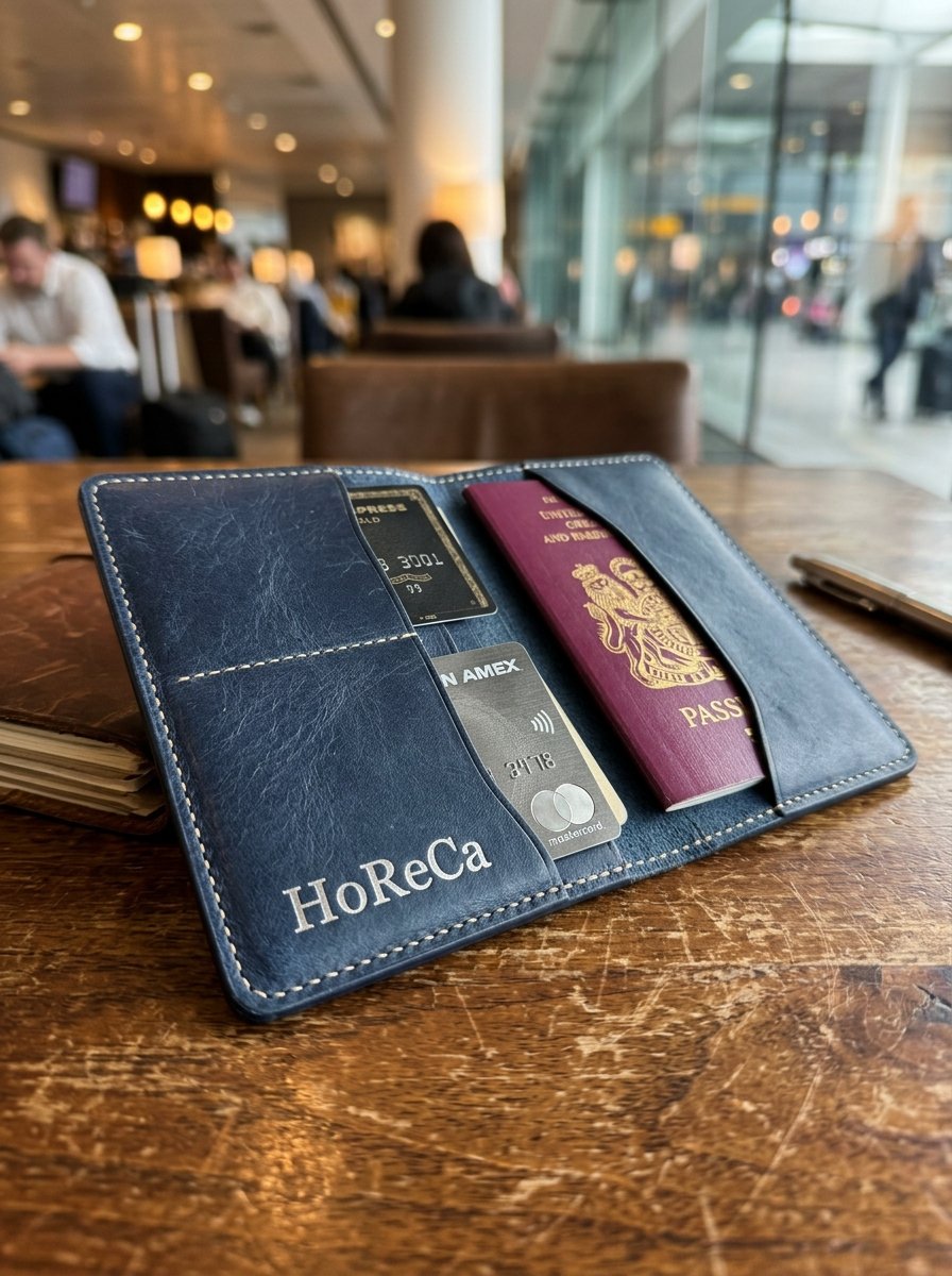 Navy leather passport holder with passport pocket and card slots