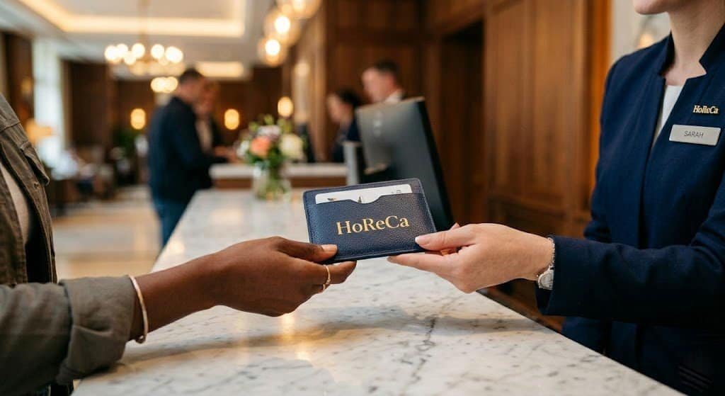 Hotel receptionist handing a navy leather key card holder with HoReCa logo to a guest at check-in