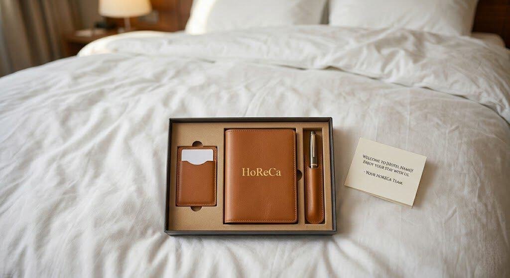 Tan brown leather welcome kit presented in a branded gift box on a hotel bed with welcome card