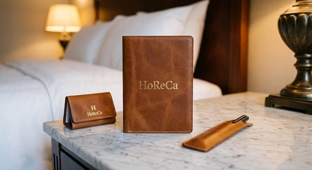 Tan brown leather hotel welcome kit