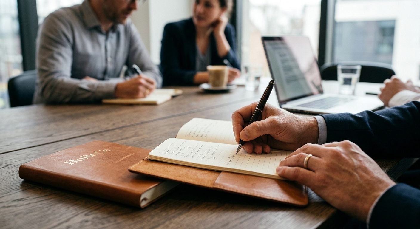 Hands writing in an open tan brown leather notebook during a business meeting