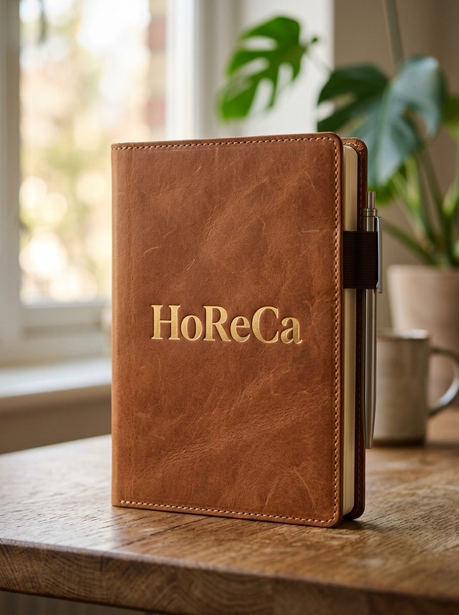 Tan leather notebook cover with logo embossing
