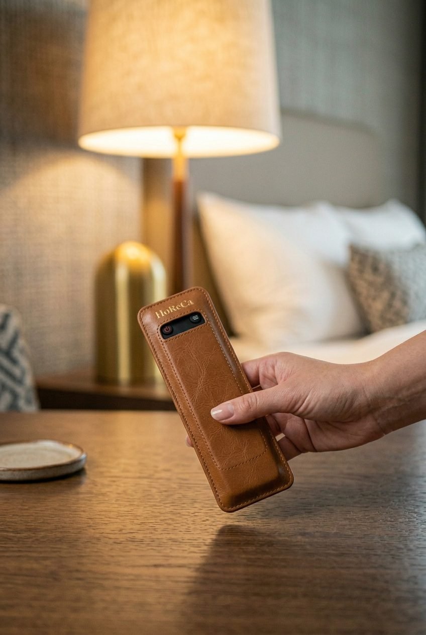 Guest's hand picking up a tan brown leather-covered TV remote control from a hotel nightstand