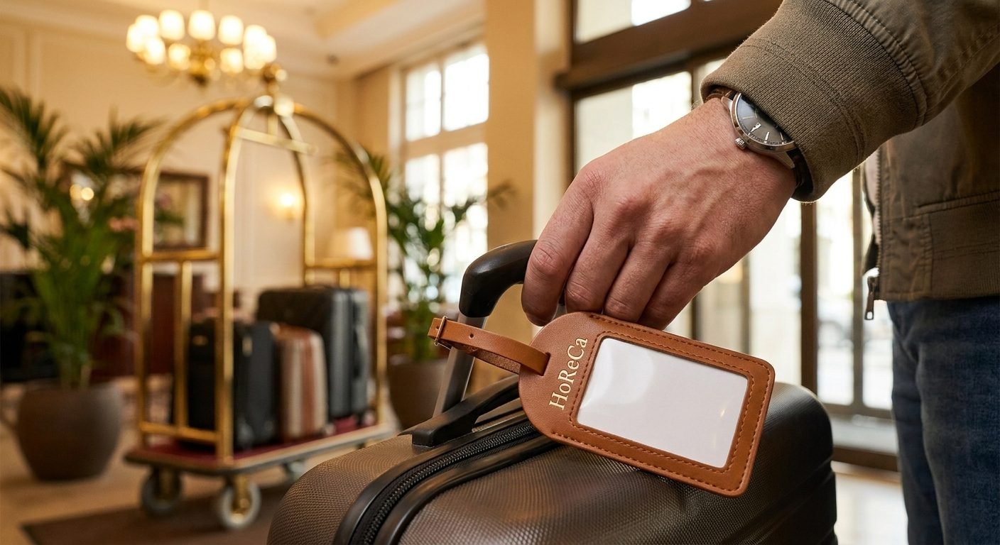 Guest attaching a tan brown leather luggage tag with HoReCa logo to a suitcase handle at a hotel lobby