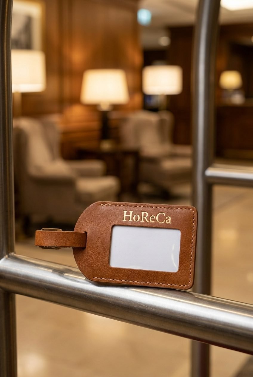 Tan brown leather hotel luggage tag
