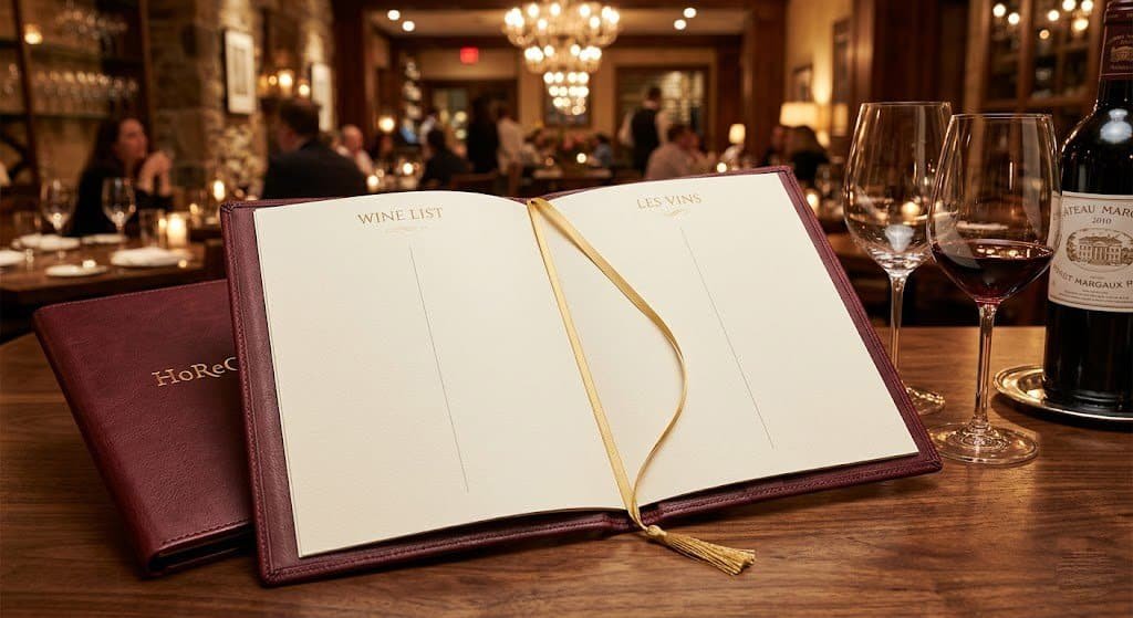 Open burgundy leather wine list cover on a restaurant table with ribbon bookmark